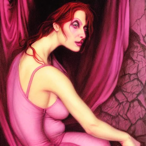 Prompt: portrait of a pink witch, by gerald brom