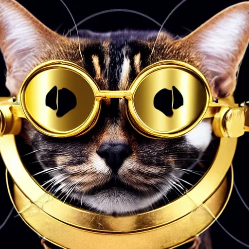 Image similar to a man - cat wearing a fine golden crown and black goggles, symmetric, smooth, sharp focus