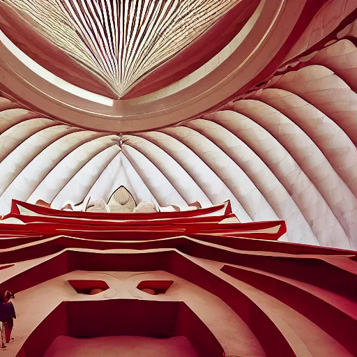 Image similar to interior of a futuristic lotus temple with gold, red and white marble panels, in the desert, by buckminster fuller and syd mead, intricate contemporary architecture, photo journalism, photography, cinematic, national geographic photoshoot