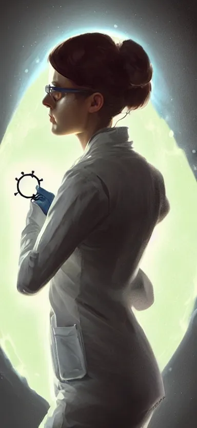 Image similar to a portrait art of a female scientist in a laboratory holding a small black hole in her hands, inspired art by istvan sandorfi and greg rutkowski, concept art, stylised, elegant, illustration, high quality, highly detailed, long hair, digital art, pinterest