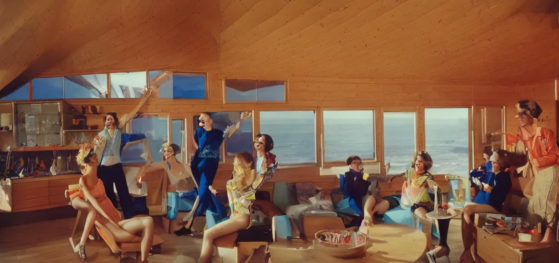 Prompt: first-person perspective view of happy people wearing discowear having a party inside of a 1970s luxury a-frame cabin with a soviet computer console on the wall, large windows, an exterior of a sunlit ocean beach, ektachrome photograph, f8 aperture