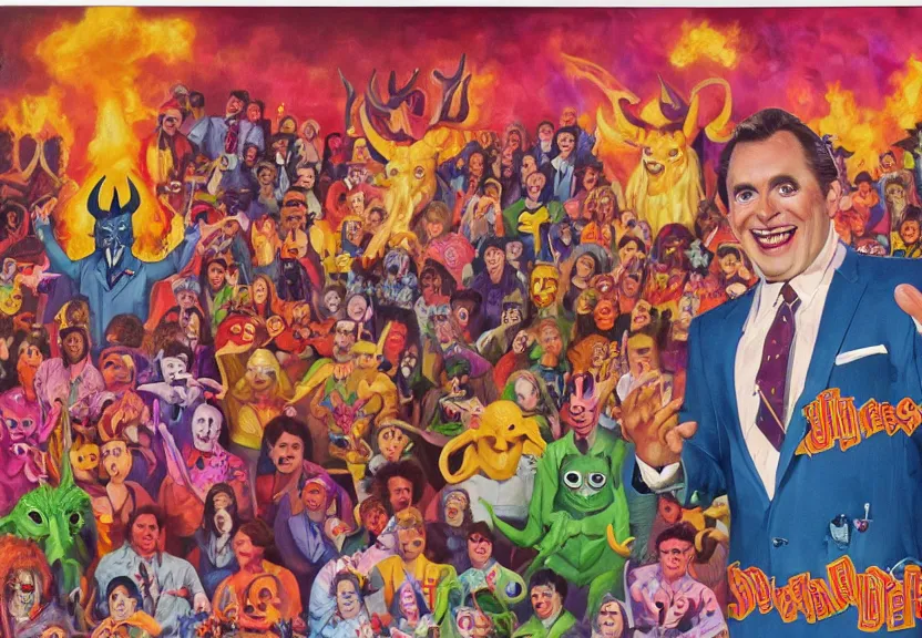 Prompt: A retro 1980s game show hosted by a charming-looking horned Satan devil in a colorful suit at center-stage, in front of a live studio audience of demons and strange creatures in the bleachers, in the middle of a cavernous firey landscape of Hell, oil on canvas, painting, cohesive, stylistic, trending on Artstation, 4k, wide shot