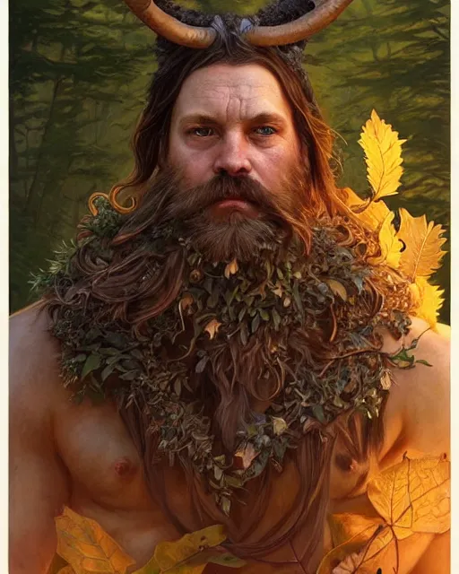 Image similar to forest druid with ram horns and leaves in his beard | highly detailed | very intricate | symmetrical | cinematic lighting | award - winning | closeup portrait | painted by donato giancola and mandy jurgens and charlie bowater | featured on artstation