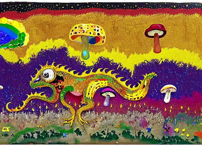 Image similar to expressionistic pixelated decollage painting golden armor alien zombie horseman riding on a crystal bone dragon broken rainbow diamond maggot horse in a blossoming meadow full of colorful mushrooms and golden foil toad blobs in a golden sunset, distant forest horizon, painted by Mark Rothko, Helen Frankenthaler, Danny Fox and Hilma af Klint, graffiti buff, pixel mosaic, semiabstract, color field painting, byzantine art, pop art look, naive, outsider art, very coherent symmetrical artwork. Bekinski painting, part by Philip Guston and Adrian Ghenie, art by George Condo, 8k, extreme detail, intricate detail, masterpiece