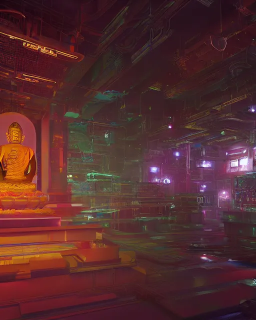 Image similar to buddhist cyber punk temple in the style of andree wallin, vitaly bulgarov, ambient lighting, unreal engine 5, neon light