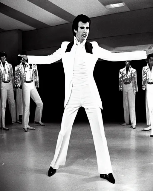 Image similar to donald altrump as orange suited tony manero in saturday night fever dancing at a funeral home with coffins, cinematic, 1 9 7 0 s style