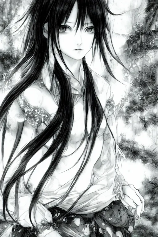 Image similar to a portrait of a character in a scenic environment by Yoshitaka Amano, black and white, dreamy, dark eyes, wavy long black hair, highly detailed