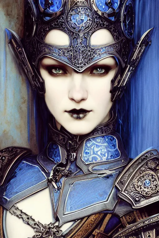 Image similar to beautiful luxury and gothic and victorian and evil medieval female blue & white color armor knight portrait+smoky eyes+light flowing hair, in ruin gothic cathedral, ultradetail face, art and illustration by tian zi and craig mullins and WLOP and alphonse mucha, fantasy, intricate complexity, human structure, fantasy world concept, watermark, blurry, hyperrealism 8k