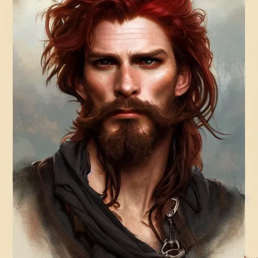 Prompt: portrait of a young ruggedly handsome but charming pirate, male, masculine, upper body, red hair, long hair, d & d, fantasy, full lips, intricate, elegant, highly detailed, digital painting, artstation, concept art, matte, sharp focus, illustration, art by artgerm and greg rutkowski and alphonse mucha