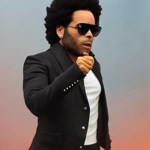 Image similar to lenny kravitz ( with accurate face ) as men in black agent fighting aliens, dynamic movie still, detailed 8 k photorealistic portrait, imdb poster style