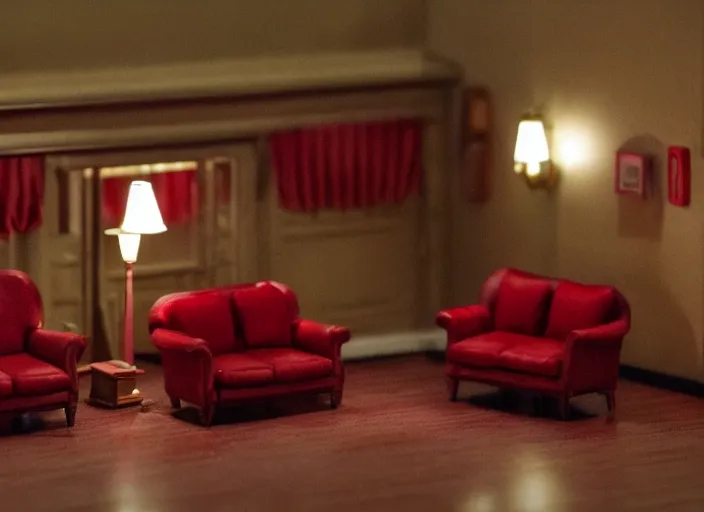 Prompt: Still frame the retro Twin Peaks, depicting the red room scene from Twin Peaks, made by doll miniatures diorama, directed by Nobuhiko Obayashi