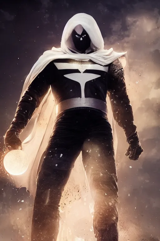 Image similar to hyperrealistic photography of Moon Knight mixed with Ghostrider style of wlop and Hossein Diba, full-shot, merged character, 4k, highly detailed, cinematic lighting, photorealistic, 3d render, award winning render, unreal engine, masterpiece, octane render, sharp focus, studio lighting, 8k, hd