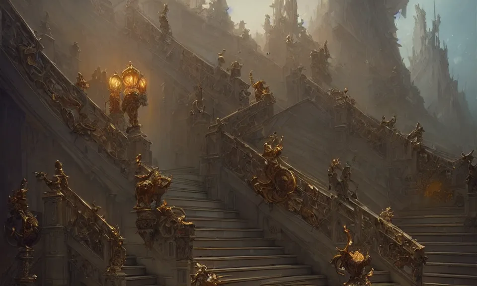 Image similar to a straight staircase full of ornate statues leading to heaven, art by greg rutkowski and peter mohrbacher, featured in artstation, octane render, cinematic, elegant, intricate, highly detailed, fantasy, concept art, sharp focus, illustration, 8 k