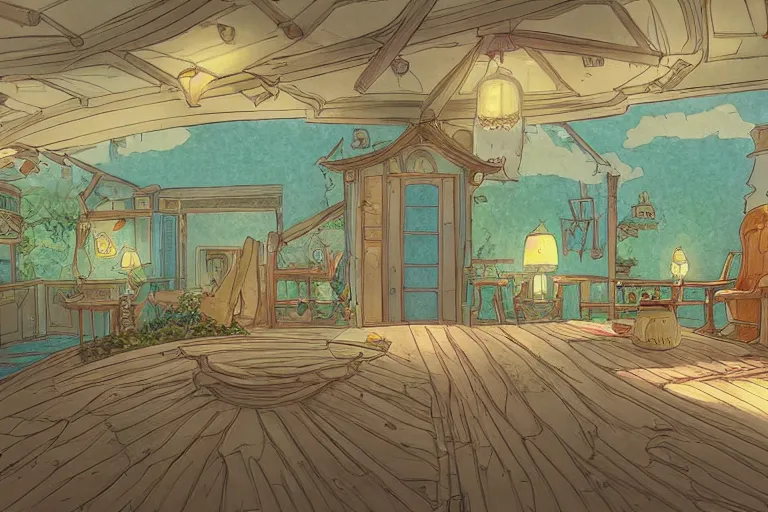 Image similar to interior wide angle shot of a fantasy coastal villa in the style of studio ghibli, moebius, makoto shinkai