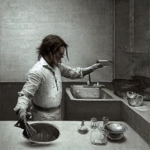 Image similar to Johny Depp washing dishes by Zdzislaw Beksinski