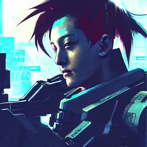 Image similar to Cyberpunk, sci-fi Jungkook holding a gun. alien planet art by Akihito Yoshitomi AND Yoji Shinkawa AND Greg Rutkowski, Mark Arian trending on artstation