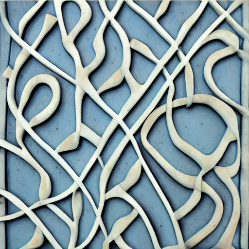 Prompt: thin lines, fractals, lichen macro, serpentine twisty maze, carved soapstone relief paneling white and pale blue