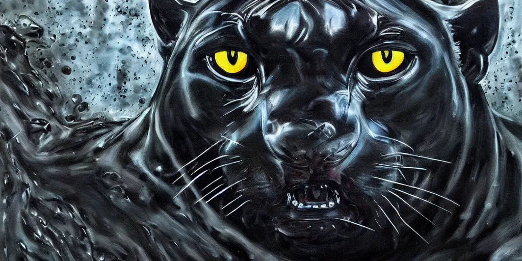 Prompt: the panther made of black goo, dripping tar, drooling ferrofluid, prowling through a suburban neighborhood. painting, environment art, realistic, detailed