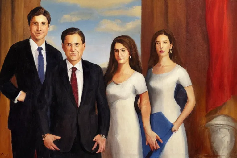 Prompt: official government portrait of a young, handsome prime minister and his two girlfriends, oil painting, 2 1 st century, official portrait, powerful, serious