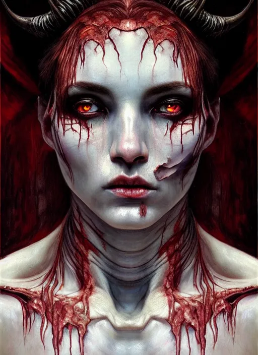 Prompt: half demon half human intricate skin pattern texture, elegant, peaceful, full body, white horns, hyper realistic, extremely detailed, dnd character art portrait, dark fantasy art, intricate fantasy painting, dramatic lighting, vivid colors, deviant art, artstation, by edgar maxence and caravaggio and michael whelan and delacroix.