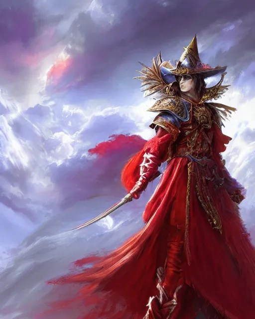 Image similar to A Full View of a Red Mage wearing magical shining armor and a feathered hat surrounded by an epic cloudscape. Magus. Red Wizard. Magimaster. Conquistador armor. Red and white stripes. Fantasy Illustration. masterpiece. 4k digital illustration. by Ruan Jia and Mandy Jurgens and Artgerm and greg rutkowski and Alexander Tsaruk and WLOP and Range Murata, award winning, Artstation, art nouveau aesthetic, Alphonse Mucha background, intricate details, realistic, panoramic view, Hyperdetailed, 8k resolution, intricate art nouveau