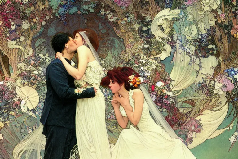 Image similar to the groom kisses the bride at a wedding full of flowers, bright and happy, dreamlike art, highly detail, 4 k realistic, wedding photoy krenz cushart. artem demura. alphonse mucha. yoji shinkawa artgerm. jon lothian. danilo torres. adi meyers. thomas reimann. gaston bussiere.