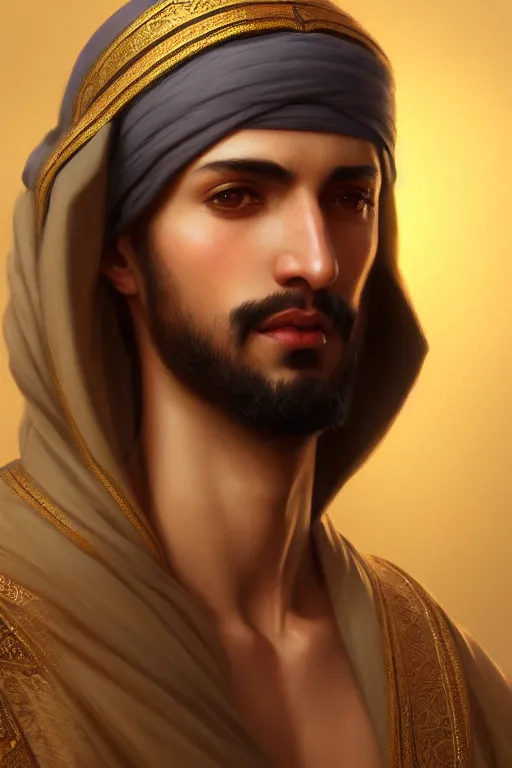 Image similar to a portrait of a arabian male prince, illustration, soft lighting, soft details, painting oil on canvas by Edmund Blair Leighton and Charlie Bowater octane render trending on artstation d&d characters, 4k, 8k, HD