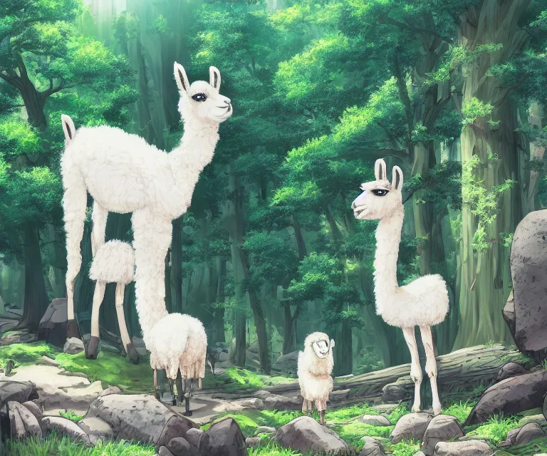 Image similar to llama in a forest, anime fantasy illustration by tomoyuki yamasaki, kyoto studio, madhouse, ufotable, comixwave films, trending on artstation