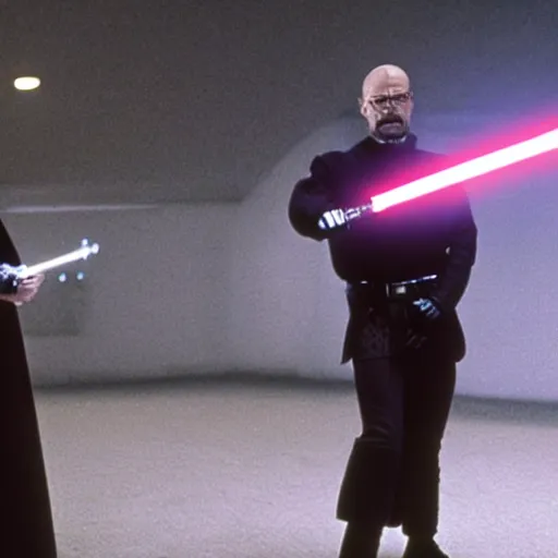 Prompt: Walter White duels Darth Vader with lightsabers, movie still