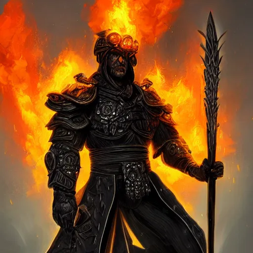 Image similar to a man in black-crystal armor surrounded by flames wielding a battle-axe made of black crystals. ,D&D, fantasy, elegant, hopeful, muscular, highly detailed, digital painting, artstation, concept art, smooth, sharp focus, illustration