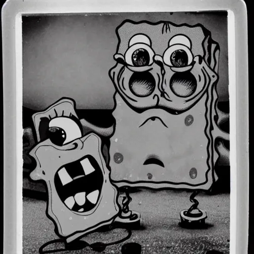 Prompt: demented creepy spongebob, scary, horror, gloomy, dark, terrifying, terror, frightful, realism, poloroid photo, old,