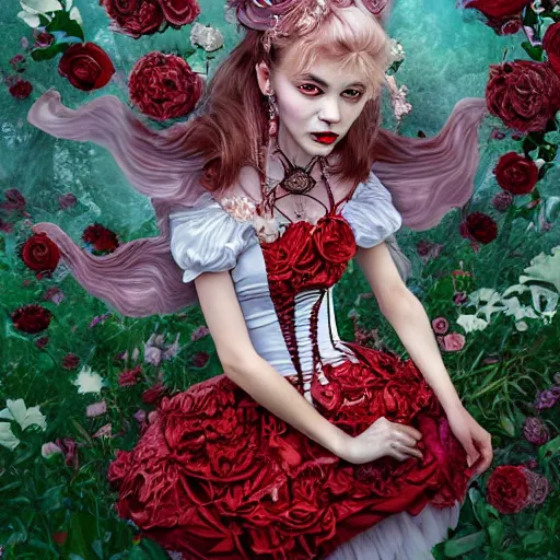 Image similar to Alice in Wonderland at the tea party, she looks like a mix of grimes, Aurora Aksnes and Zendaya, childlike, billowing elaborate hair and dress, strings of pearls, surrounded by red and white roses, digital illustration, inspired by Aeon Flux, Japanese shoujo manga, and Alexander McQueen fashion, hyper detailed, dreamlike, incredibly ethereal, super photorealistic, iridescent, dichroic prism, speckled, marbling effect, tulle and lace, extremely fine inking lines