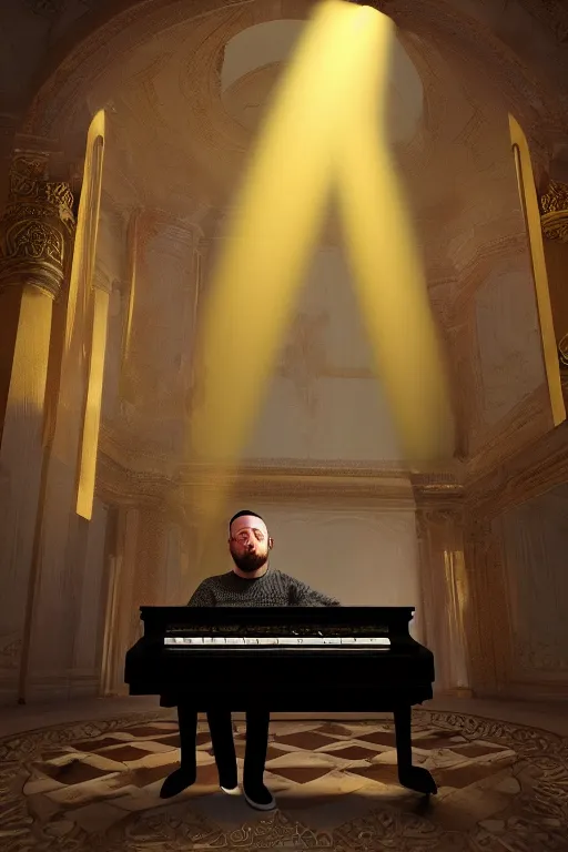 Prompt: Mac Miller playing the piano in the middle of a marble palace in Heaven, Golden Halo, RIP, Heavenly, Divinity, waterfalls, beams of golden light, Hope, Ethereal, Symmetry, environment concept, Atmospheric Lighting, artstation trending, ladders, angelic, Rendered in Octane, trending on artstation, cgsociety,, environment 8K artstation, cinematic, intricate details, 4k detail post processing, hyperrealistic, ultra detailed cinematic