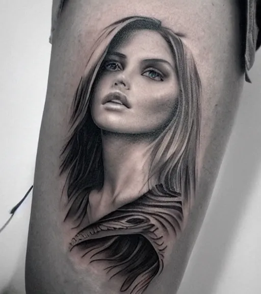 Image similar to a beautiful girl portrait in amazing nature and mountains, realism tattoo, in the style of den yakovlev, black and white, hyper realistic, highly detailed