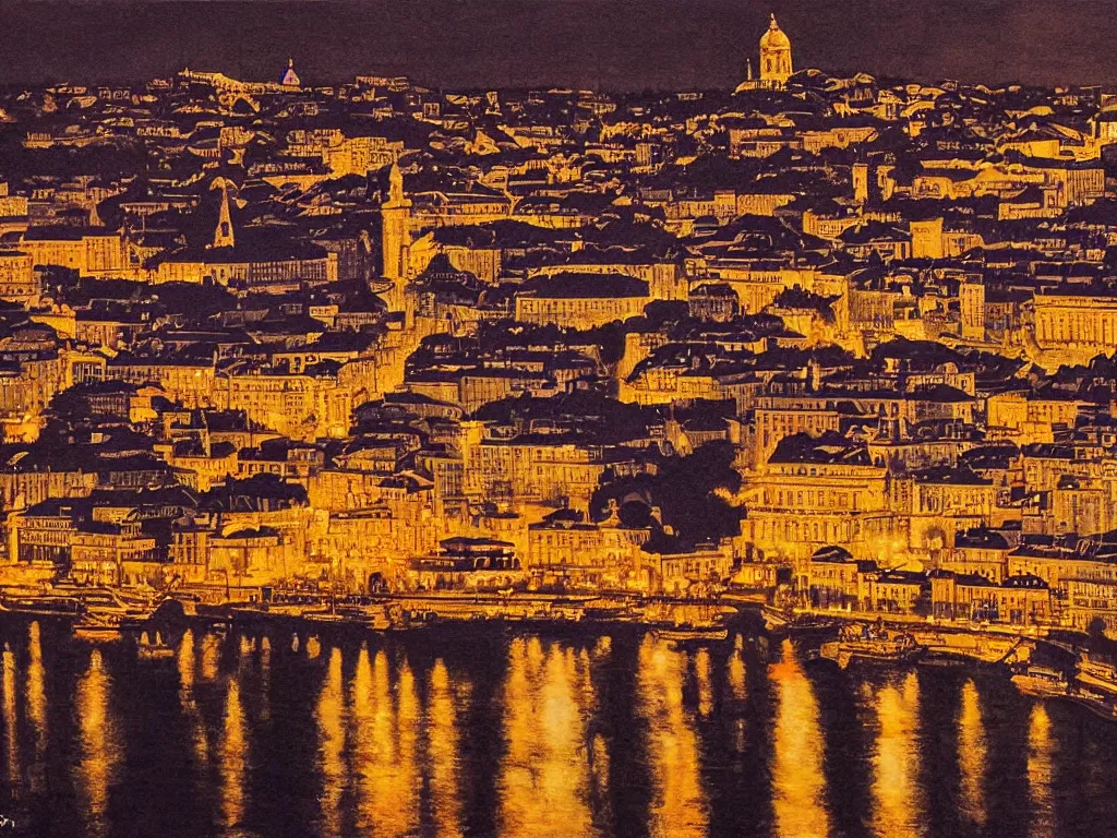 Image similar to lisbon city at night, art in the style of fernando calhau