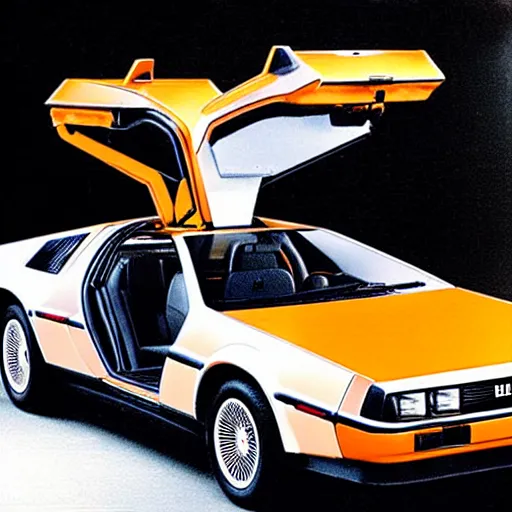 Prompt: delorean car in the 80's. Retrowave. synthwave. orange purple.