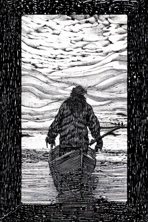 Image similar to a beautiful wood engraving on paper of an old fisherman by artist sue scullard, 8 k, frostbite 3 engine, cryengine, dof, trending on artstation, digital art, crepuscular ray