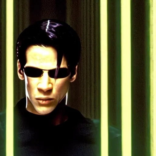 Image similar to neo dodges a bullet in the matrix, the matrix ( 1 9 9 9 )