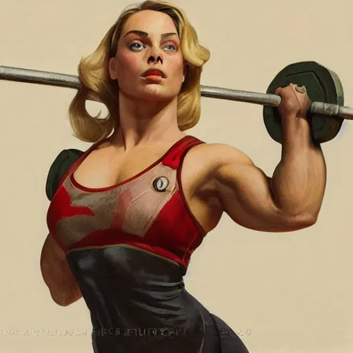 Image similar to socialist realism propaganda poster of margot robbie as beautiful female very muscular weightlifter from overwatch, portrait, profile picture, socialist realism, highly detailed, intricate, digital painting, artstation, sharp focus, illustration, art by jakub rozalski, greg rutkowski, artgerm, tan zi and ayanamikodon and alphonse mucha and wlop