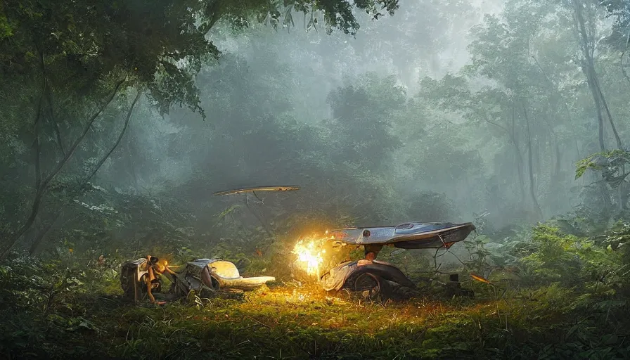 Prompt: a beautiful painting of an archaeological excavation of a smoking crashed ufo, in a lush jungle, ray traced lighting by kalin popov and greg rutkowski