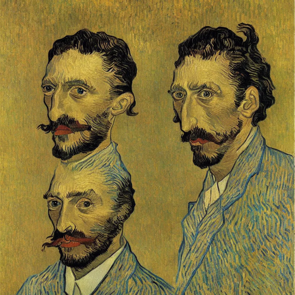 Prompt: a portrait of salvador dali painted by vincent van gogh