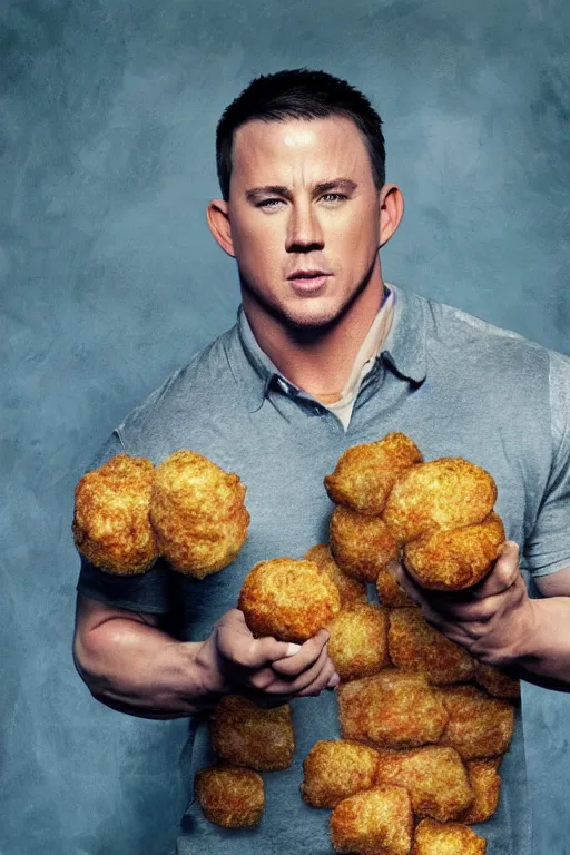 Image similar to channing tatum wearing a tater tot costume, oil on canvas, intricate, 8 k highly professionally detailed, hdr, cgsociety