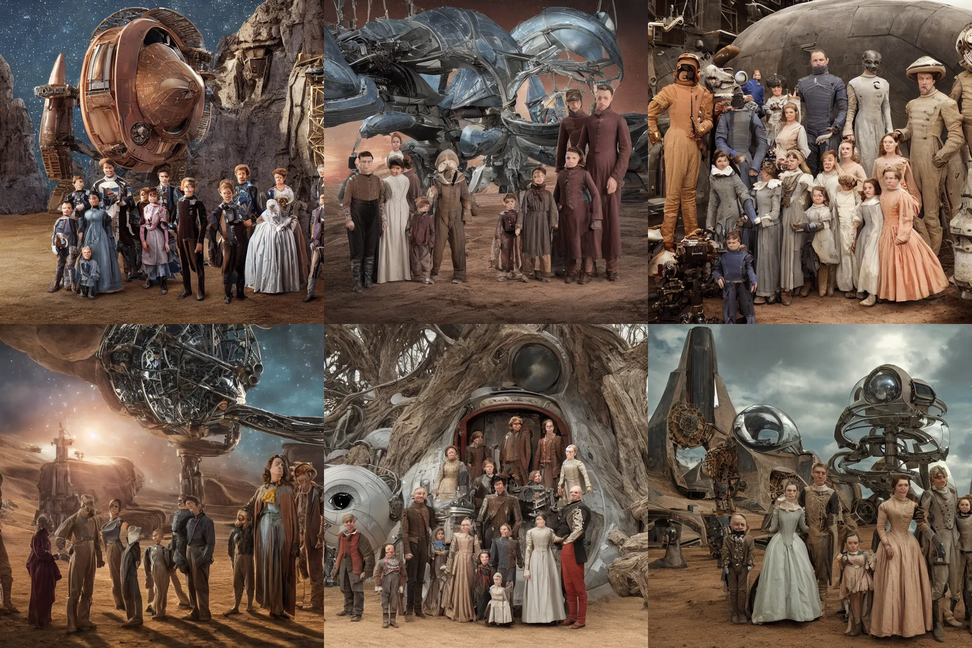 Prompt: highly detailed, 131072k film still from a sci fi blockbuster color movie made in 2019, set in 1860, of a family standing in front of a spaceship that has just landed on an alien planet, a humanoid alien creature stands nearby, the family are all wearing 1860s era clothes, good lighting, good photography