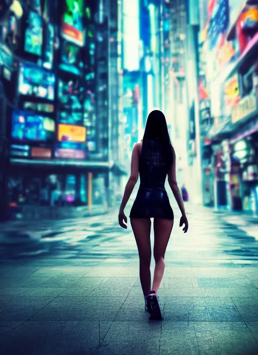 Prompt: beautiful photo of a beautiful woman walking through a ( ( ( cyberpunk city ) ) ), full body, hyper realistic, 8 k, dslr, 3 mm, highly detailed photograph