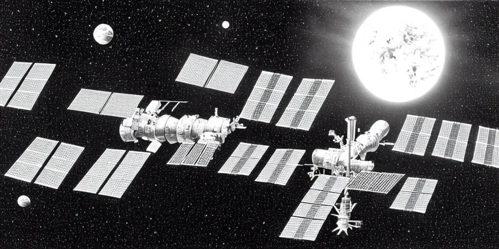 Image similar to a highly detailed graphite sketch of the international space station, with the sun reflecting off of it's windows, various refining methods