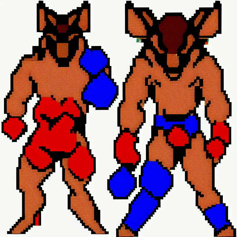 Image similar to full body portrait. 8 bit nes graphics. antropomorphic muscular masculine wolf. kickboxer fighter, in shorts. wolf head. furr on body. red, black, yellow, blue, magenta, pink colors