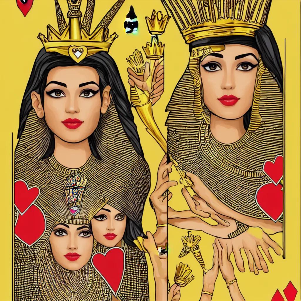 Prompt: beautiful cute egyptian queen of hearts with golden crown, playing card, head shot, photorealistic, single person, one head, dynamic medium shot, portrait