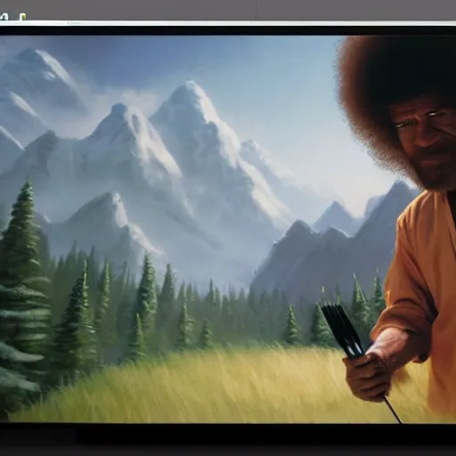 Image similar to a closeup photorealistic photograph of bob ross working on a canvas painting of darth vader. film still. brightly lit scene. mountains and trees. this 4 k hd image is trending on artstation, featured on behance, well - rendered, extra crisp, features intricate detail, epic composition and the style of unreal engine.