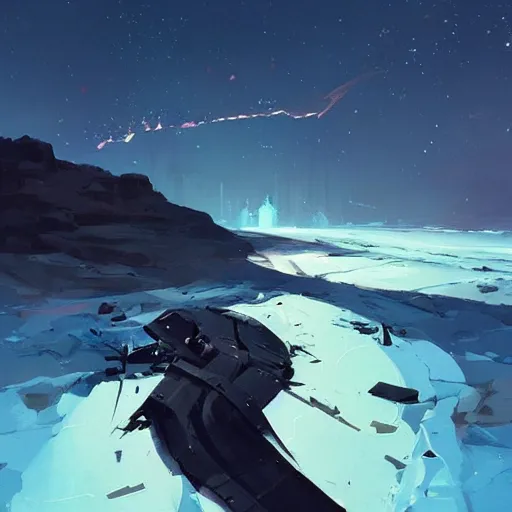 Image similar to black scrap metal pieces trailing behind blue chunk of ice hurtling through night sky, behance hd artstation by jesper ejsing by rhads, makoto shinkai and lois van baarle, ilya kuvshinov, ossdraws