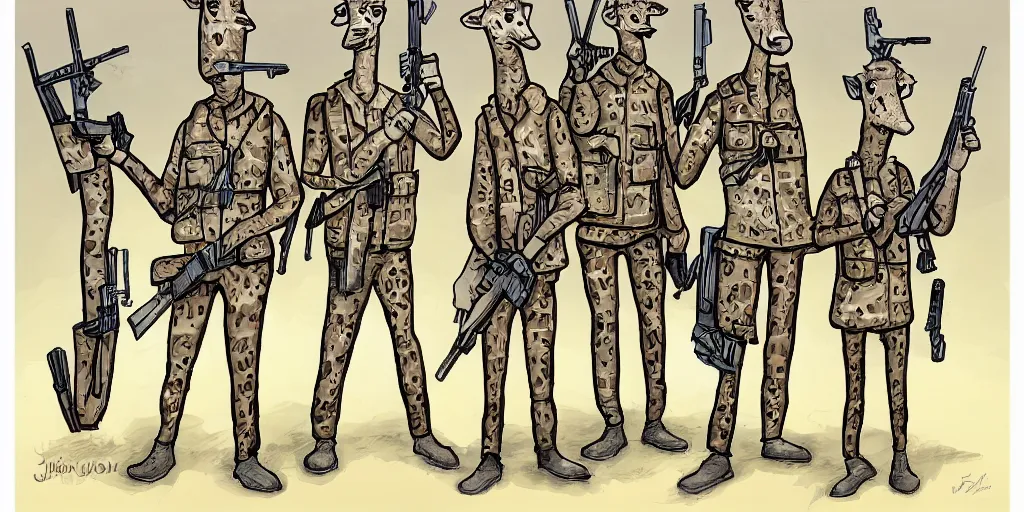 Image similar to giraffe army, holding guns and ammo, illustration, cartoon